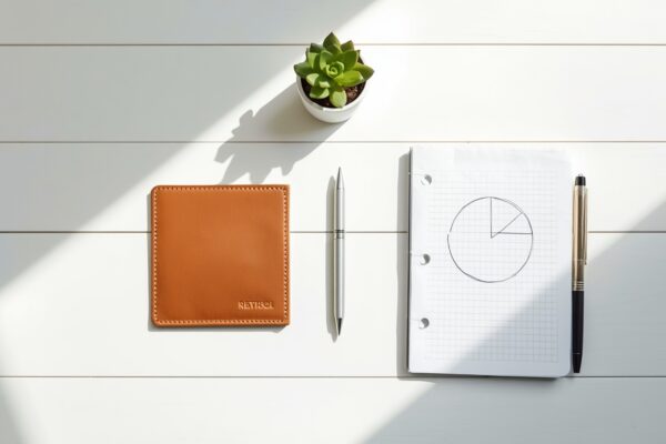 Minimalist budget challenge concept featuring a clean desk setup with a notebook and wallet representing financial clarity