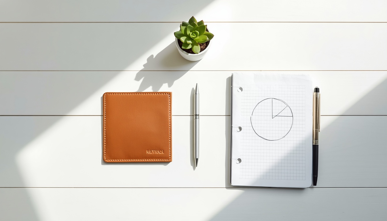 Minimalist budget challenge concept featuring a clean desk setup with a notebook and wallet representing financial clarity