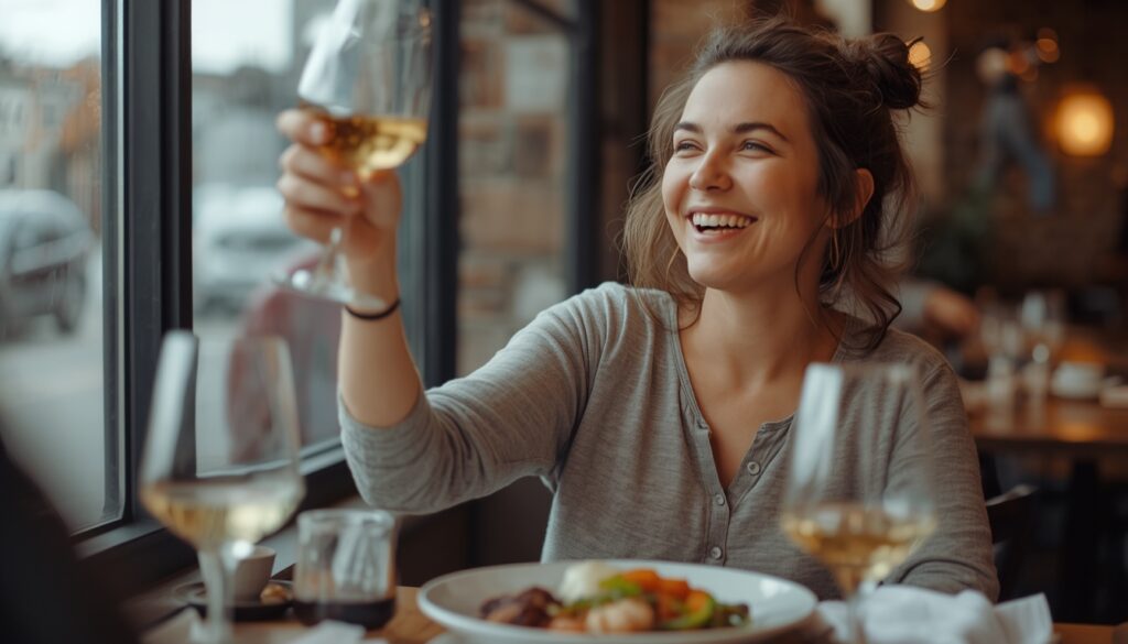 Person enjoying a celebratory dinner, representing responsible and guilt-free spending from a first paycheck
