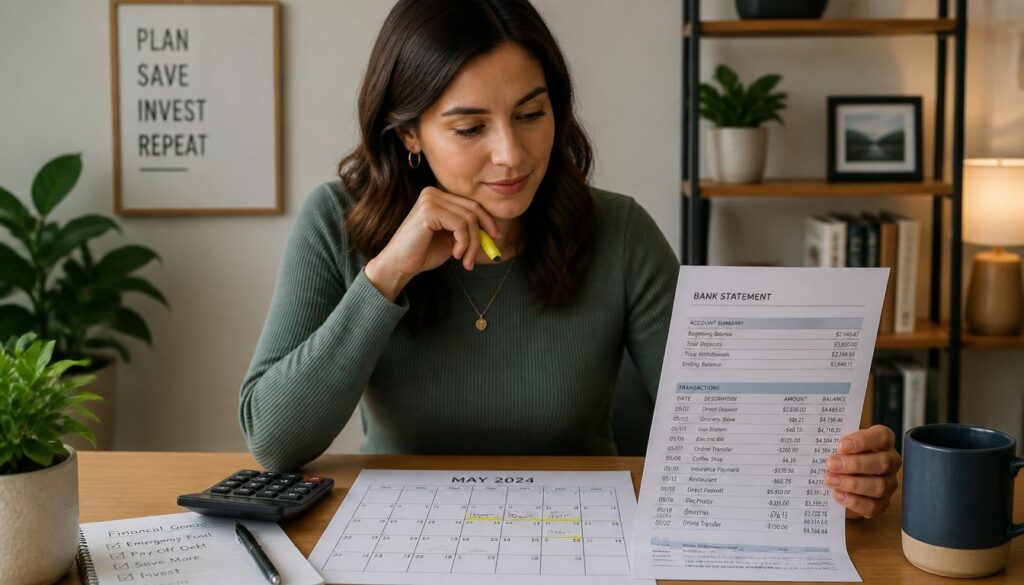 Person reviewing and adjusting monthly budgeting calendar and bank statements during a financial money date