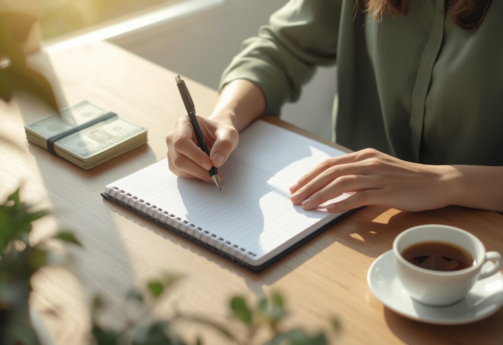 Person writing in a financial planner notebook to plan a 30-day no spend challenge and reset their finances