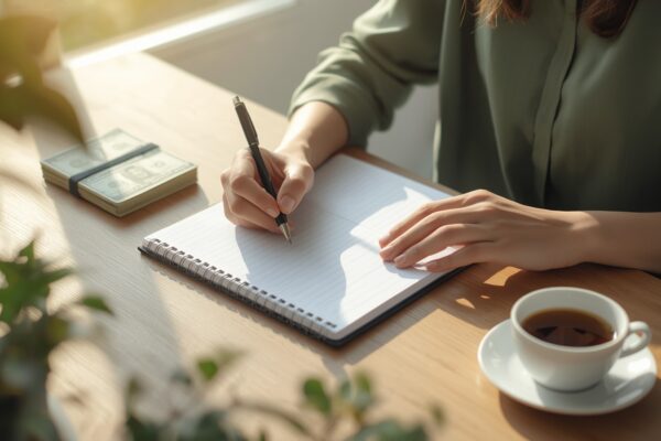 Person writing in a financial planner notebook to plan a 30-day no spend challenge and reset their finances