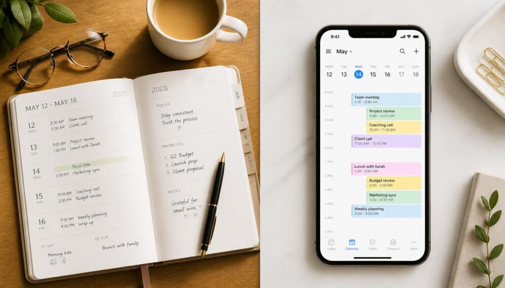 Physical paper budgeting planner versus digital smartphone calendar app for personal finance