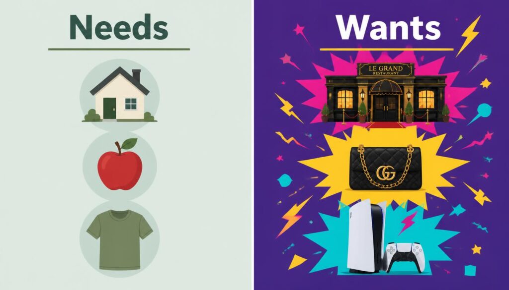 Visual guide separating true needs from wants for a minimalist budgeting strategy