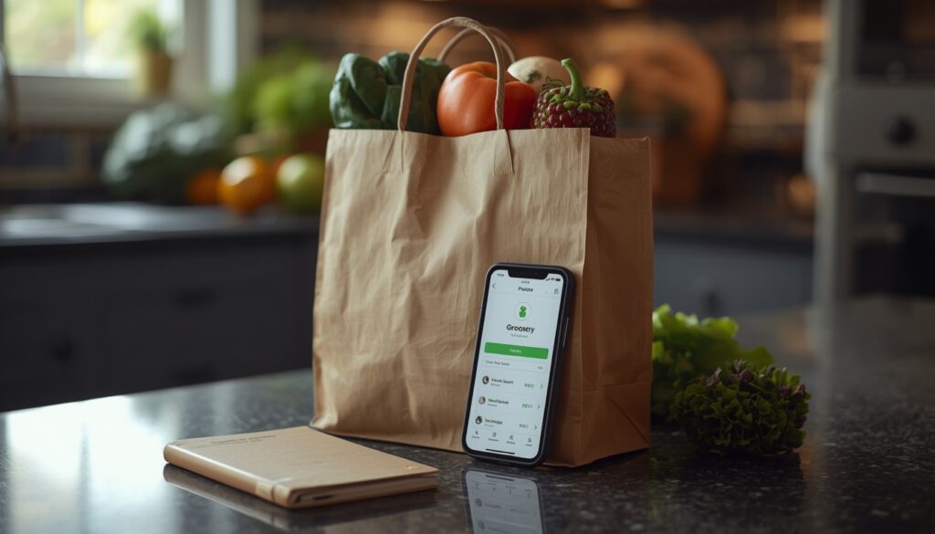 Weekly grocery budget planning with a notebook and smartphone budgeting app next to fresh groceries
