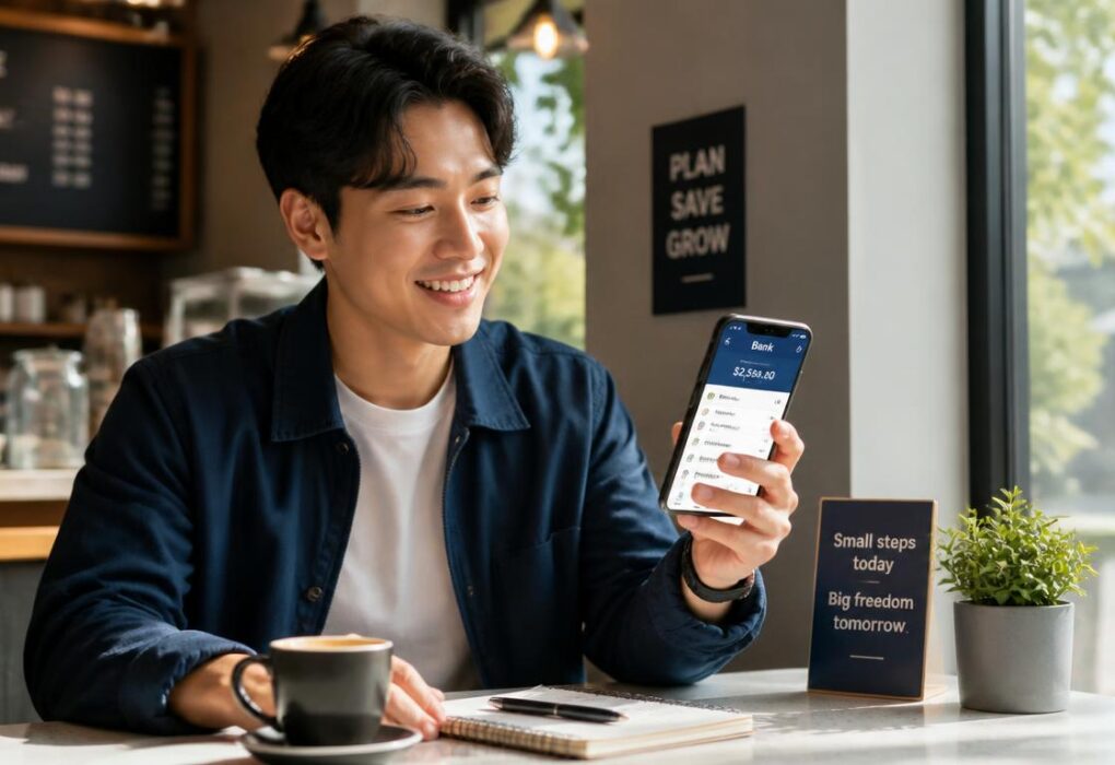 Young professional happily checking their first paycheck deposit on a smartphone banking app