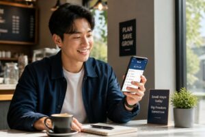 Young professional happily checking their first paycheck deposit on a smartphone banking app
