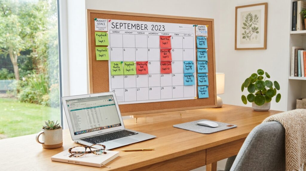 behavioral finance and financial planning represented by a neatly organized desk with a financial journal and pen, emphasizing disciplined money habits
