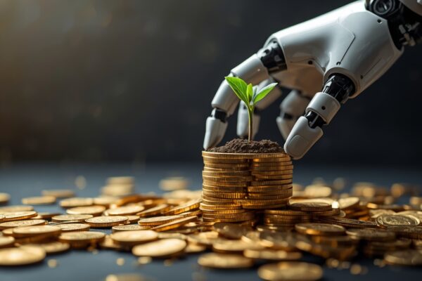 illustration of a digital robot hand carefully planting a small green seedling