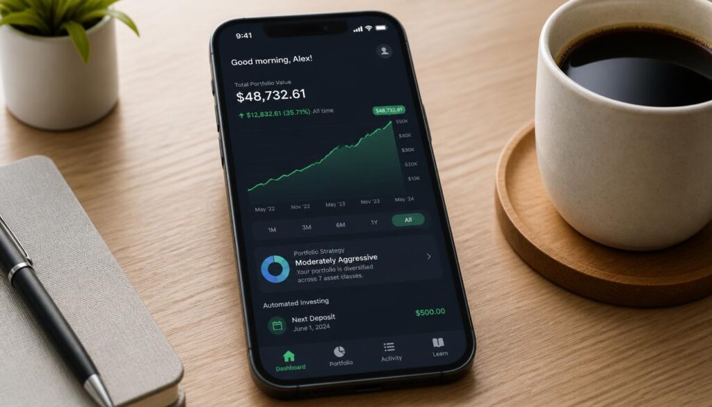 modern smartphone screen showing a sleek investment dashboard