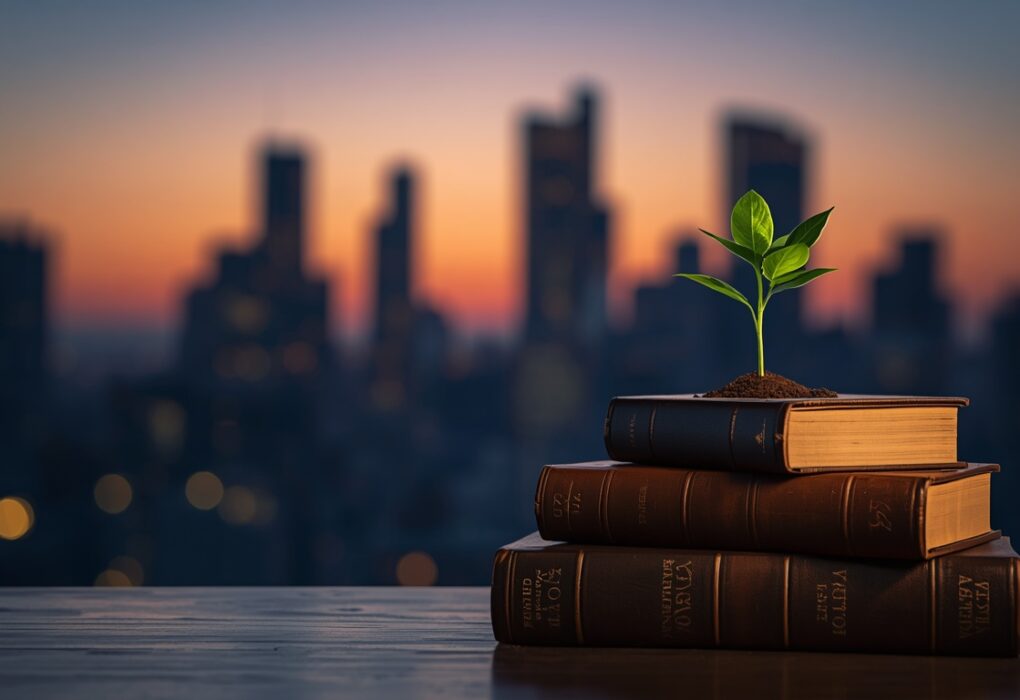 psychology of money principles showing a small green sapling growing from books representing steady wealth growth