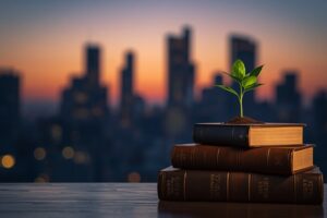 psychology of money principles showing a small green sapling growing from books representing steady wealth growth